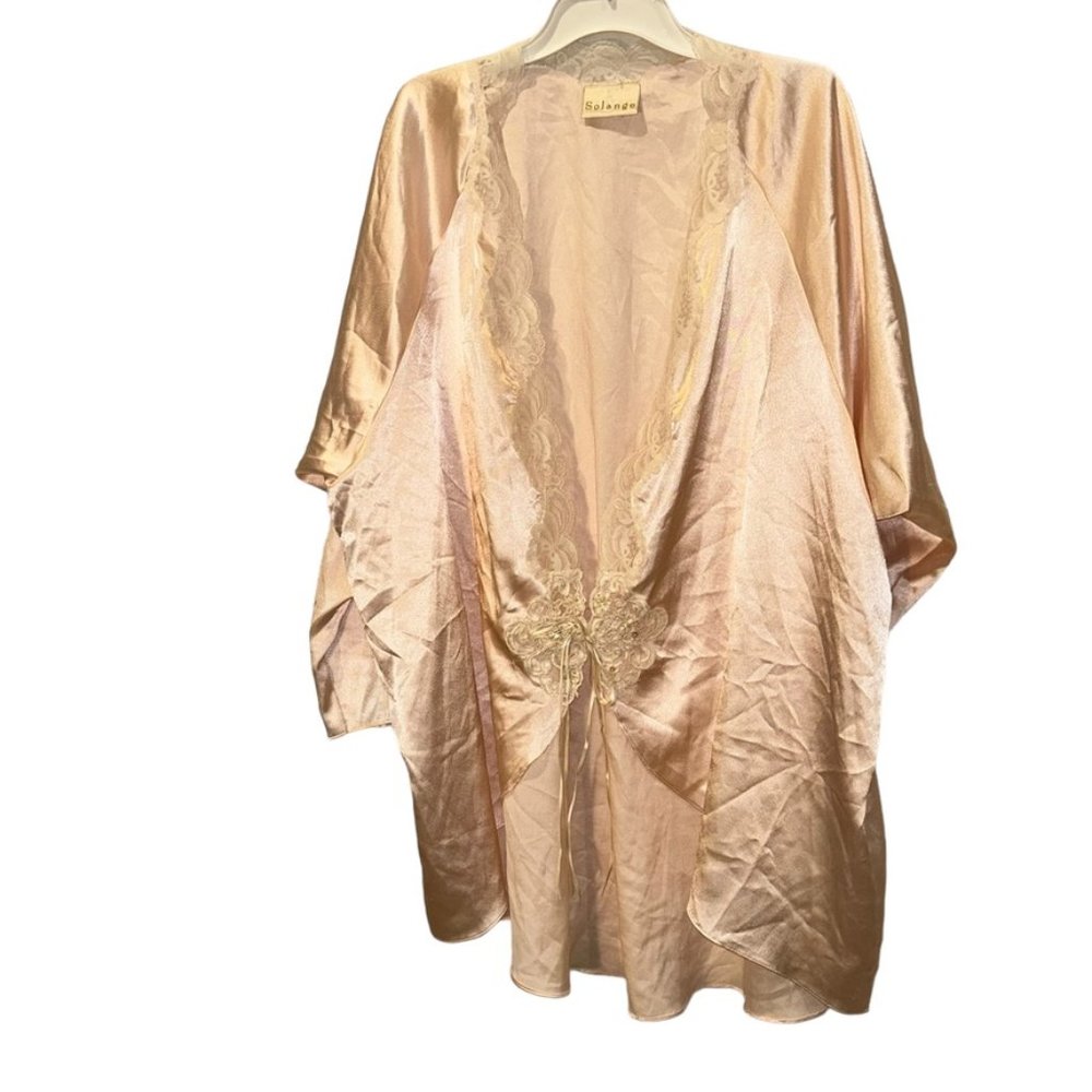 solange champagne pink satin lace trim peignor robe M